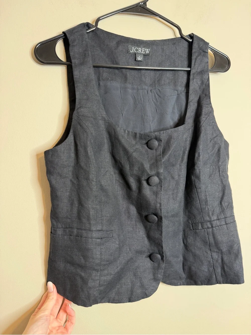 J. Crew Scoopneck Linen-Blend Button Vest Navy Blue Size 6